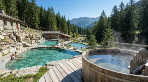 Piscine termali all’aperto in montagna tra boschi e baite, con persone in acqua e vasca in legno fumante
