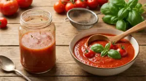 Ciotola di salsa di pomodoro con basilico e pomodorini, accanto a un barattolo di salsa su tavolo di legno