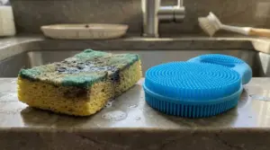 Spugna per piatti usurata vicino a una spazzola in silicone blu sul bordo del lavello della cucina