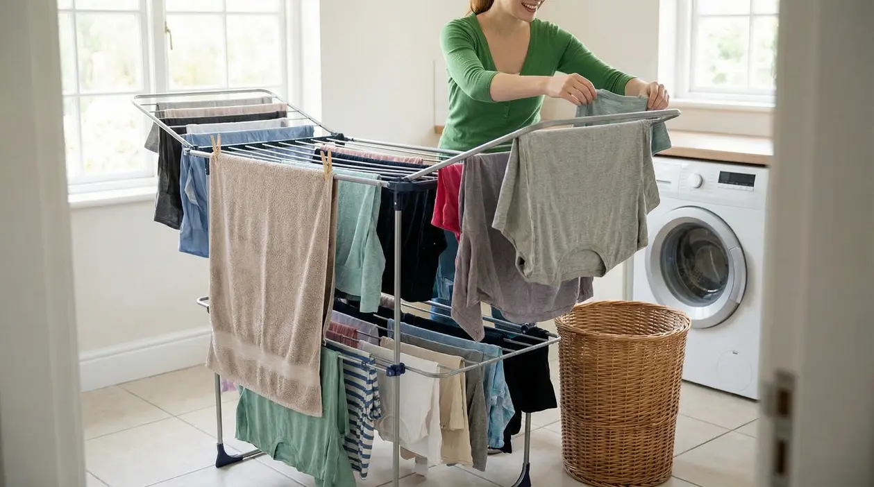 Una persona stende magliette e asciugamani su uno stendino in casa vicino alla lavatrice, per far asciugare i panni rapidamente.