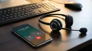 Smartphone con chiamata in arrivo su una scrivania accanto a cuffie con microfono e tastiera, tema call center