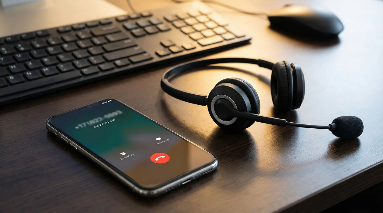Smartphone con chiamata in arrivo su una scrivania accanto a cuffie con microfono e tastiera, tema call center