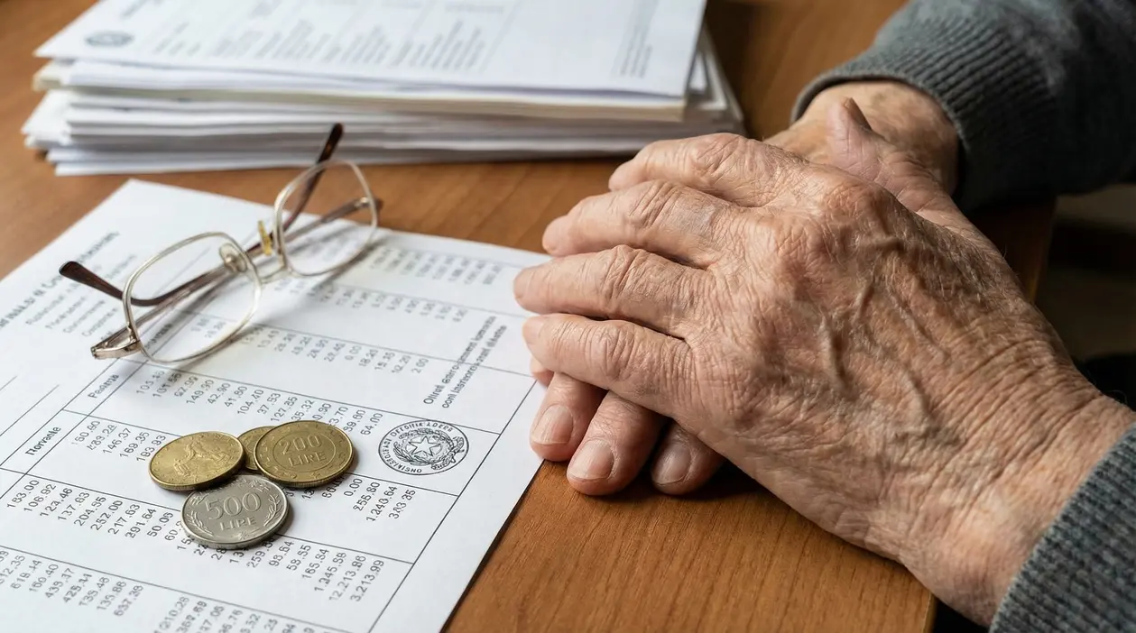 Mani di una persona anziana su documenti con tabelle e importi, con occhiali e monete su un tavolo