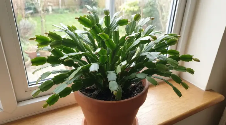 Cactus di Natale in vaso sul davanzale, con molti boccioli chiari pronti a fiorire vicino alla finestra