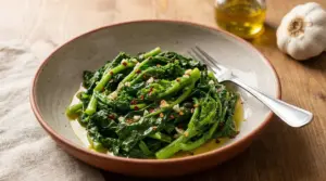 Piatto di cime di rapa saltate con olio d'oliva, aglio e peperoncino su tavolo di legno