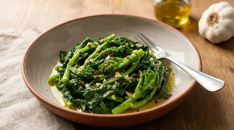 Piatto di cime di rapa saltate con olio d'oliva, aglio e peperoncino su tavolo di legno