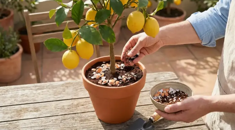 Mani che spargono gusci d’uovo nel vaso di un limone in terrazzo, concime naturale per favorire frutti