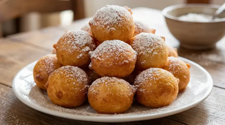 Piatto di frittelle di Carnevale dorate e gonfie, spolverate di zucchero a velo, su tavolo di legno