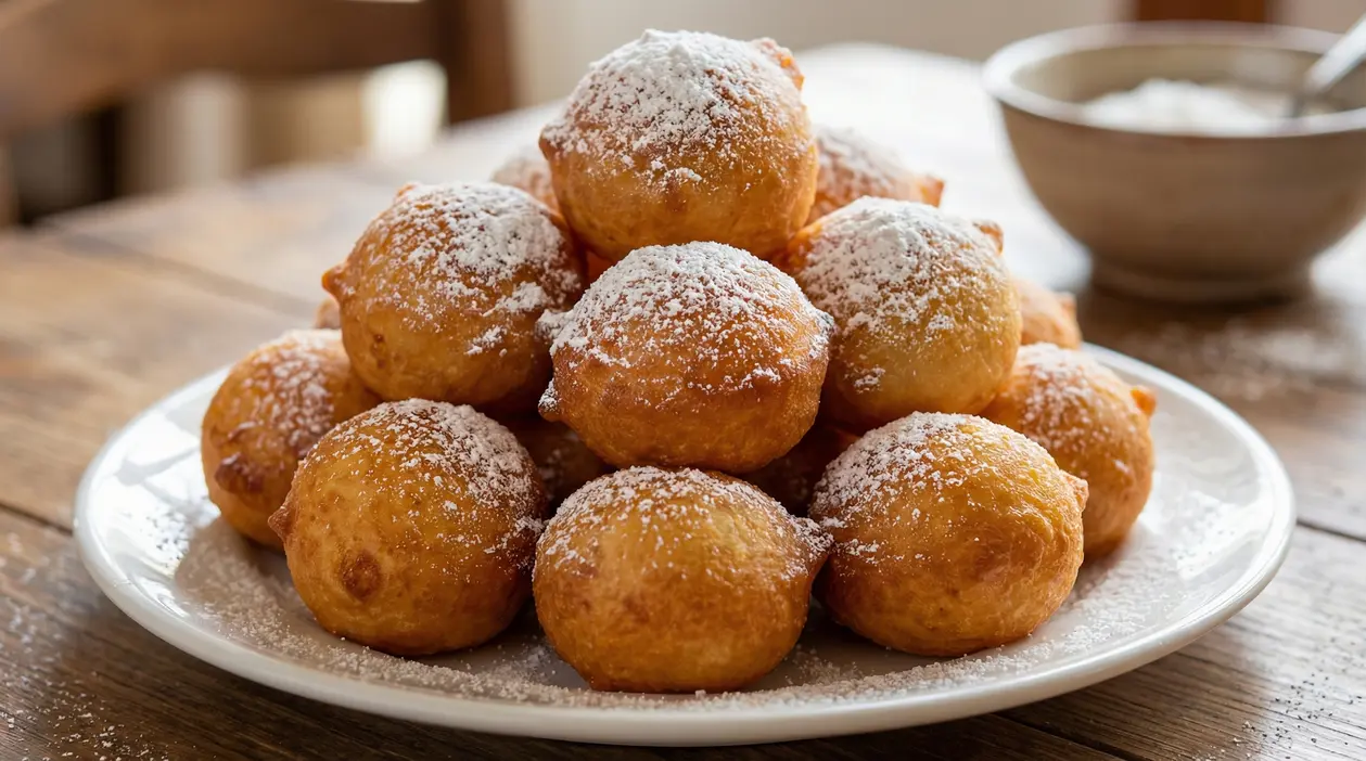 Piatto di frittelle di Carnevale dorate e gonfie, spolverate di zucchero a velo, su tavolo di legno