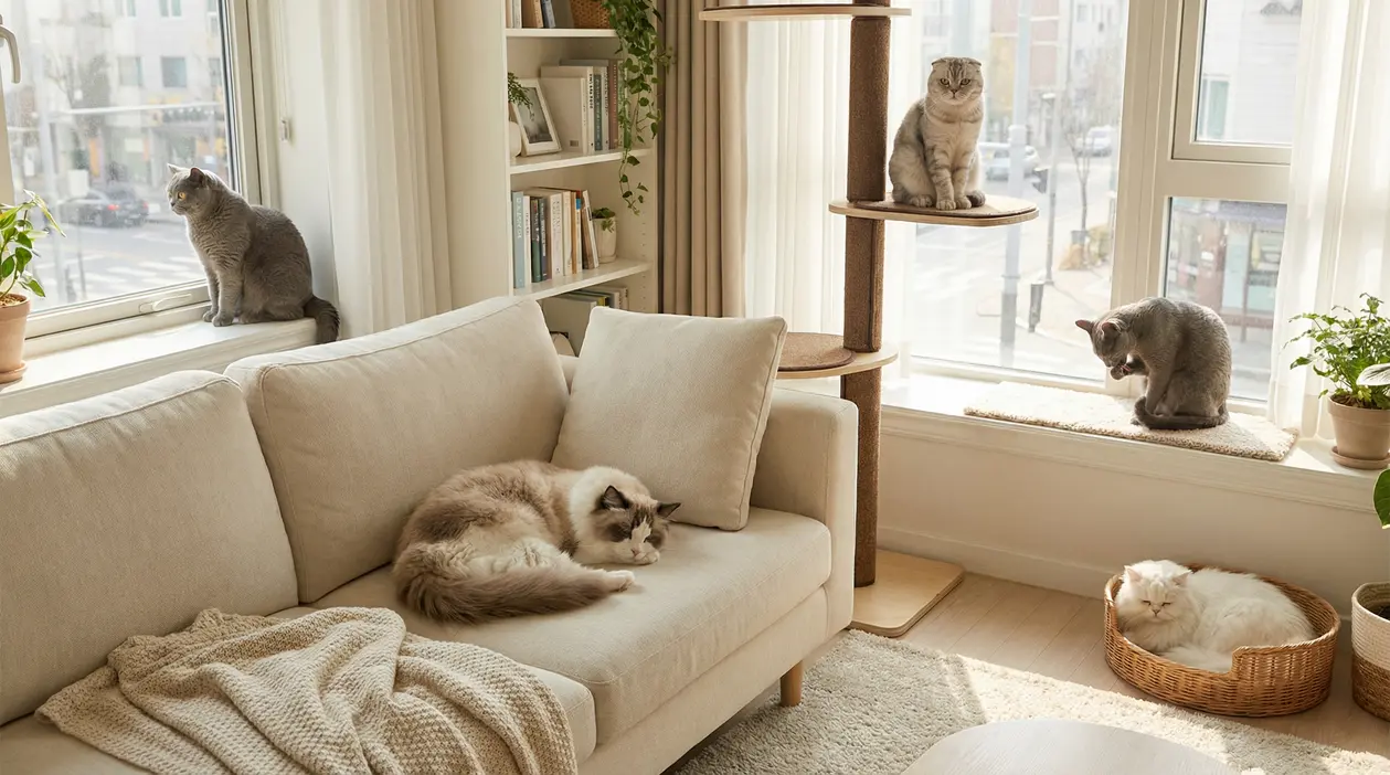 Gatti tranquilli in salotto luminoso: uno sul divano, altri su tiragraffi e davanzali in appartamento