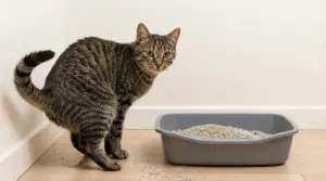 Gatto tigrato vicino alla lettiera con una piccola pozza di pipì sul pavimento