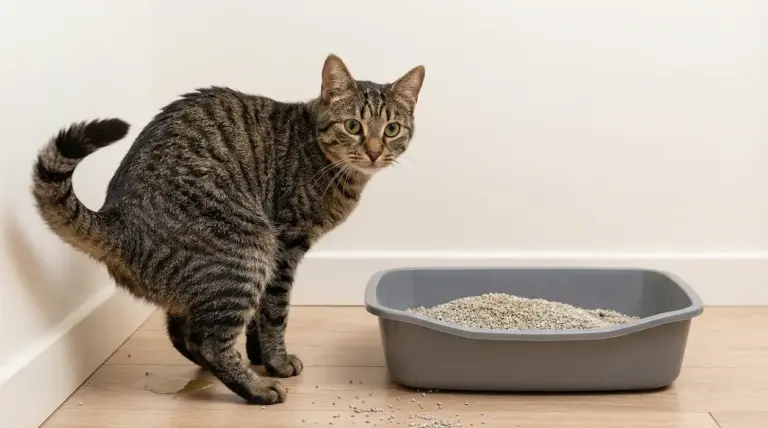 Gatto tigrato vicino alla lettiera con una piccola pozza di pipì sul pavimento