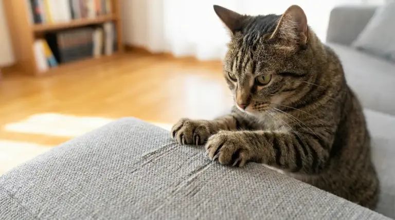 Gatto tigrato che graffia il bracciolo di un divano in tessuto, lasciando segni sul rivestimento in salotto