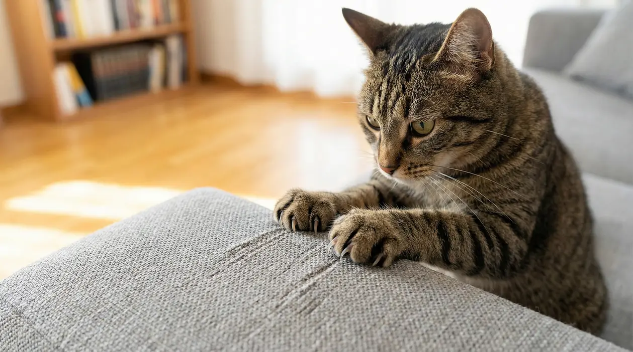 Gatto tigrato che graffia il bracciolo di un divano in tessuto, lasciando segni sul rivestimento in salotto