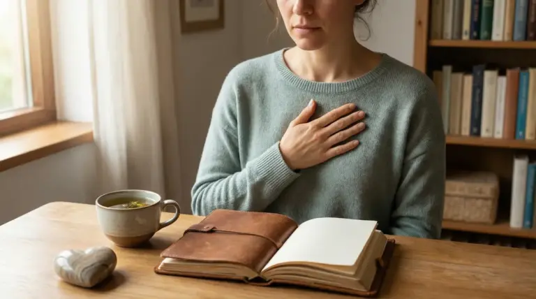 Persona seduta a un tavolo con mano sul petto, taccuino aperto e tazza di tè vicino alla finestra