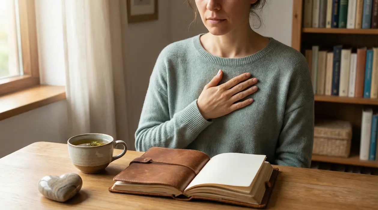 Persona seduta a un tavolo con mano sul petto, taccuino aperto e tazza di tè vicino alla finestra