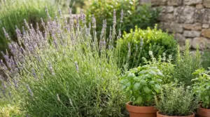 Lavanda in fiore e piante aromatiche in vaso in giardino, utili per profumare e tenere lontane le zanzare