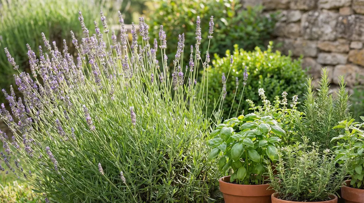 Lavanda in fiore e piante aromatiche in vaso in giardino, utili per profumare e tenere lontane le zanzare