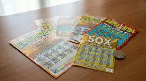 Gratta e vinci nuovi su un tavolo con moneta, diversi biglietti pronti da grattare