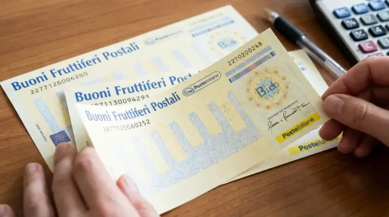 Persona che tiene in mano dei buoni fruttiferi postali su una scrivania con calcolatrice e penna