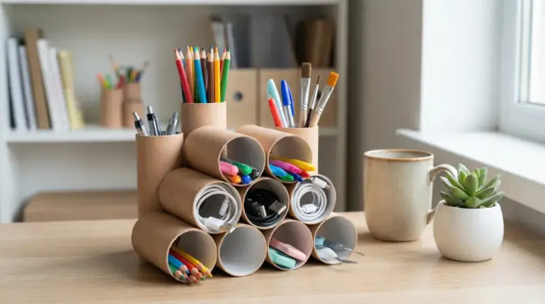 Portaoggetti da scrivania con rotoli di carta igienica riciclati per penne, matite, pennarelli e cavi
