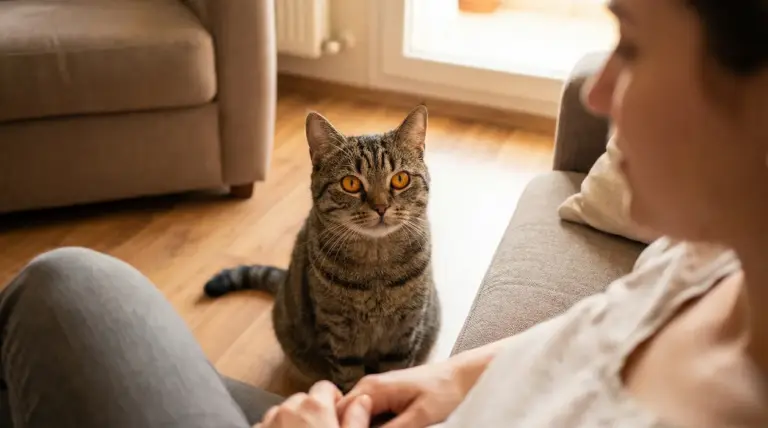 Gatto tigrato seduto sul pavimento che fissa una persona seduta sul divano in soggiorno