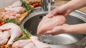 Una persona lava un petto di pollo crudo sotto l’acqua corrente nel lavello della cucina