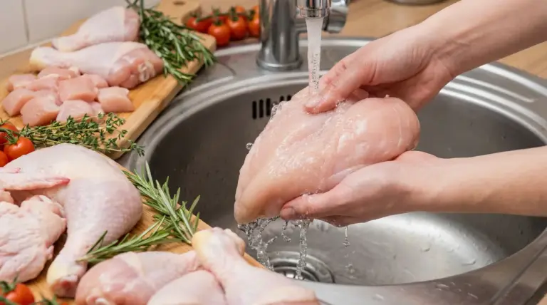 Una persona lava un petto di pollo crudo sotto l’acqua corrente nel lavello della cucina