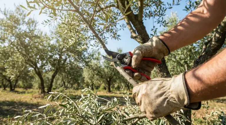 Mani con guanti che potano un ramo di ulivo con cesoie in un uliveto soleggiato