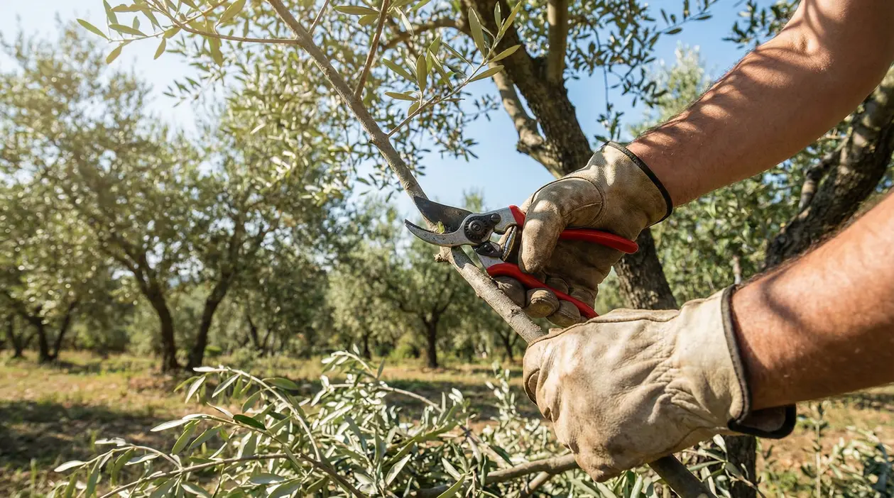 Mani con guanti che potano un ramo di ulivo con cesoie in un uliveto soleggiato