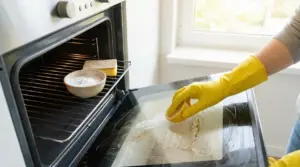 Persona con guanti gialli pulisce la porta del forno aperto con una spugna e una ciotola di detergente naturale
