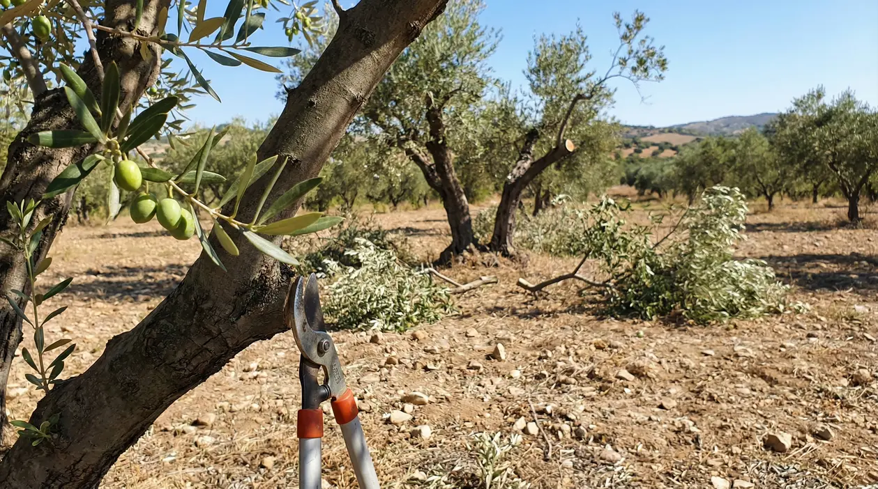 Forbici da potatura appoggiate a un ulivo con olive verdi in un oliveto, rami tagliati a terra