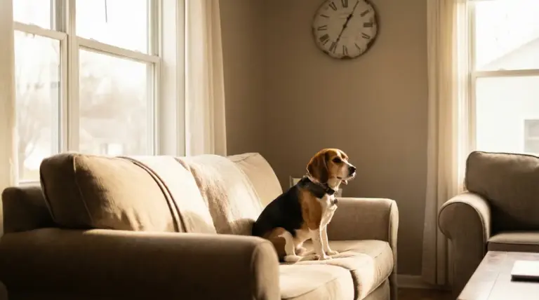 Cane seduto sul divano vicino a una finestra, in un soggiorno luminoso con orologio a parete