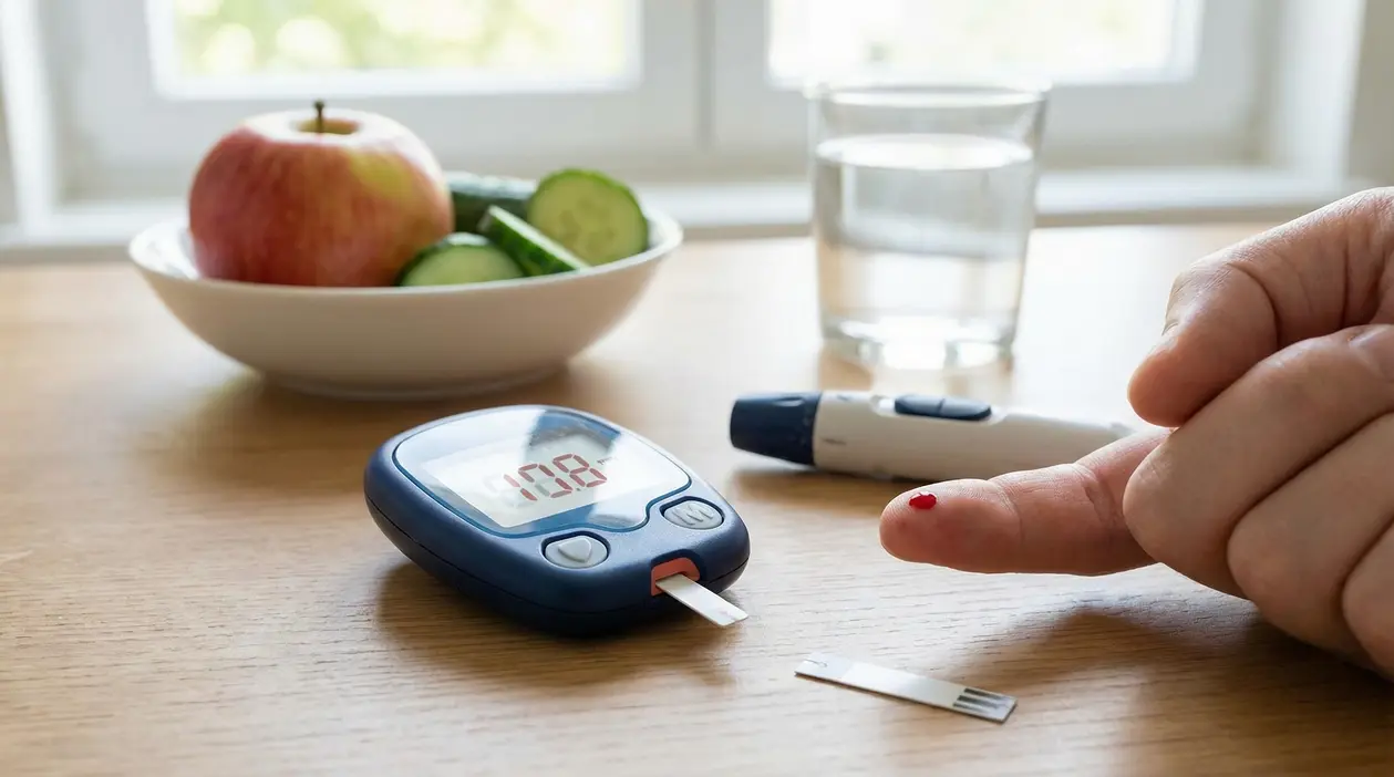 Misuratore di glicemia su un tavolo e dito con goccia di sangue per controllo della glicemia