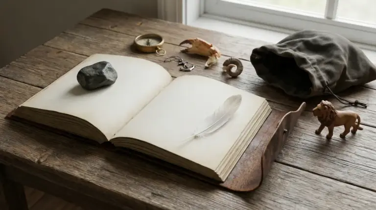 Libro aperto su tavolo in legno con piuma bianca, pietra e piccoli oggetti simbolici vicino alla finestra