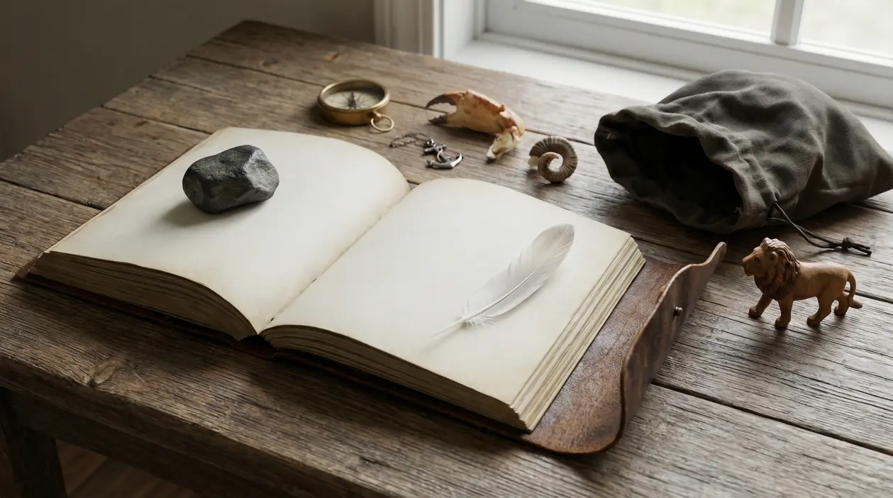 Libro aperto su tavolo in legno con piuma bianca, pietra e piccoli oggetti simbolici vicino alla finestra