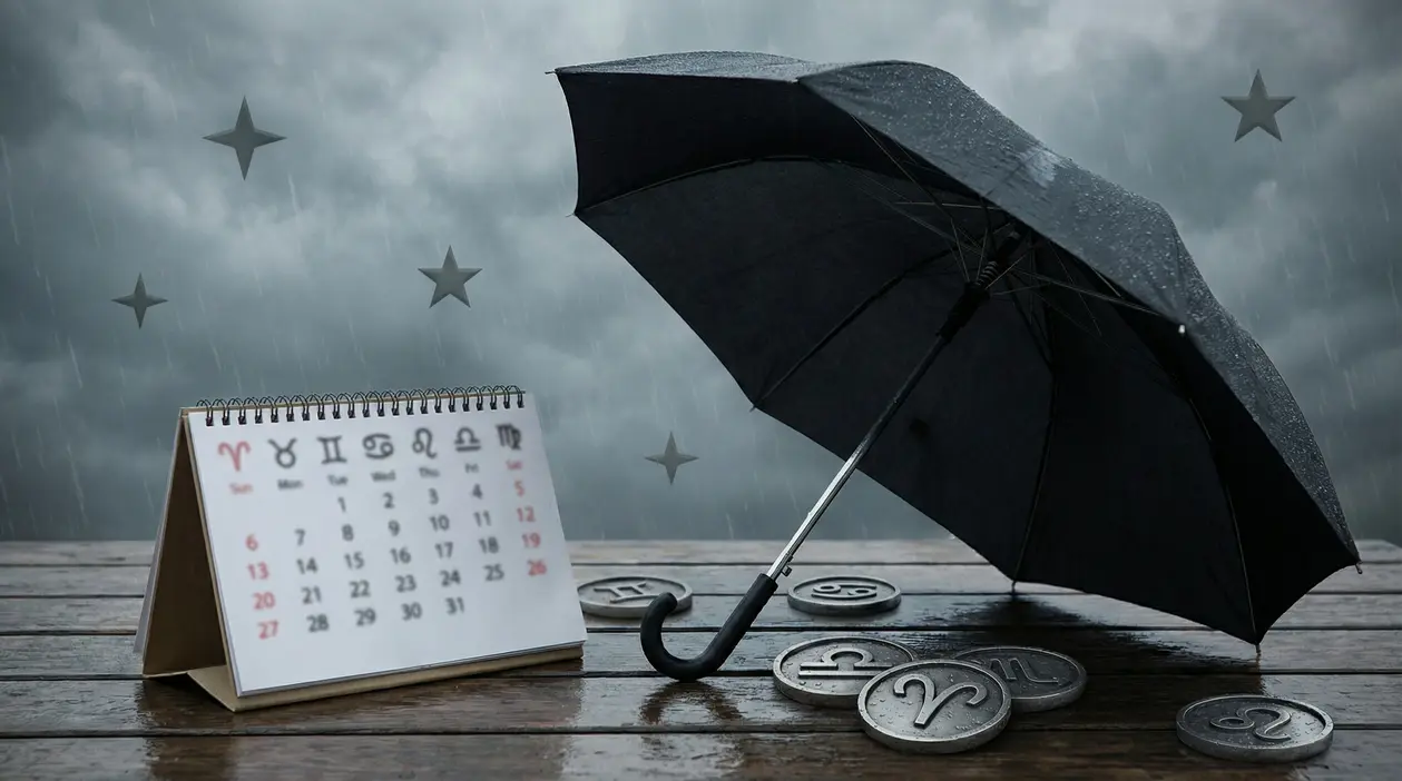 Ombrello sotto la pioggia con calendario e simboli dei segni zodiacali su un tavolo di legno