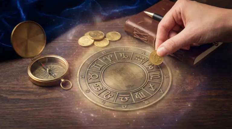 Mano che appoggia una moneta su una ruota dei segni zodiacali, con bussola e taccuino su tavolo in legno