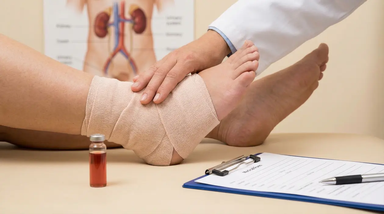 Medico esamina una caviglia gonfia e fasciata su un lettino, con cartella clinica e schema dei reni sullo sfondo
