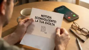 Una persona legge una lettera su un tavolo con telefono in chiamata, tazza di caffè e occhiali, tema notizia inattesa