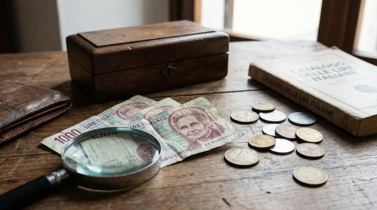 Banconote da 1000 lire con Maria Montessori, monete e lente d’ingrandimento su un tavolo di legno