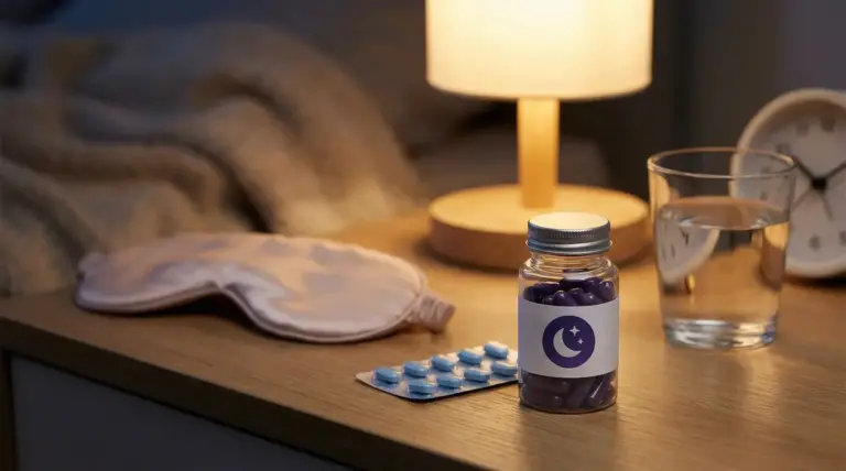 Integratori per il sonno sul comodino con mascherina, bicchiere d’acqua e lampada da notte